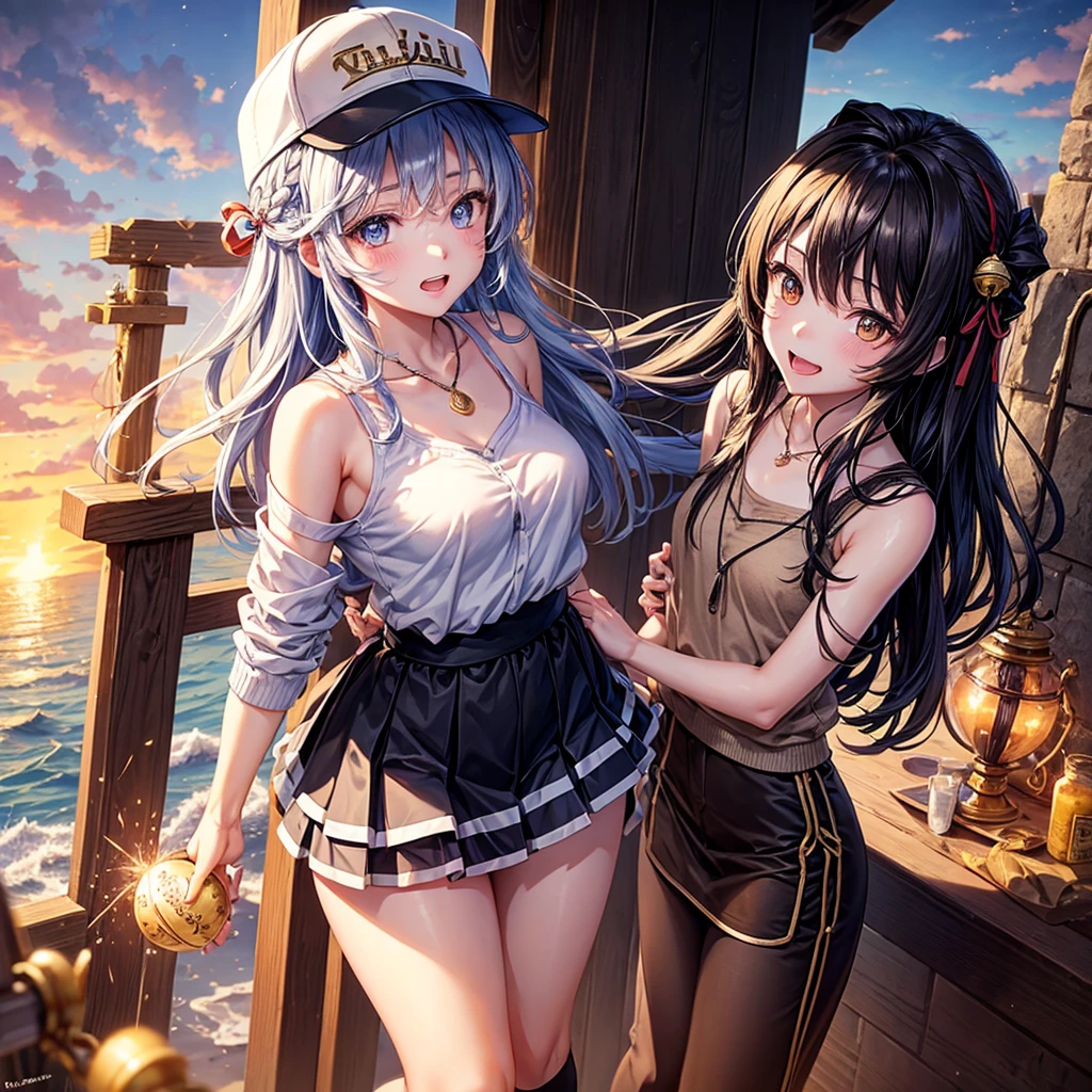 Red Blue Gold Hair、Golden Eyes、Braid、One good looking girl、solo、anime、Checkered mini skirt、Ruffles on the skirt、camisole、cardigan、Black knee-high socks、Wearing a baseball cap、Wearing a ribbon、Ribbon on waist、Tilting face、Teeth are visible、Sunset sky、Piercing the clouds、Contrail、Cumulonimbus、Pillar of Light、Silver coin necklace、A world of light、shine、From above、bell、torii、Desert Oasis、water is gushing out、Sparks are flying、hourglass