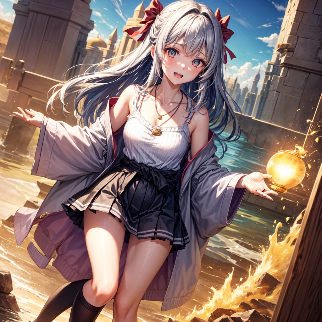 Red Blue Gold Hair、Golden Eyes、Braid、One good looking girl、solo、anime、Checkered mini skirt、Ruffles on the skirt、camisole、cardigan、Black knee-high socks、Wearing a baseball cap、Wearing a ribbon、Ribbon on waist、Tilting face、Teeth are visible、Sunset sky、Piercing the clouds、Contrail、Cumulonimbus、Pillar of Light、Silver coin necklace、A world of light、shine、From above、bell、torii、Desert Oasis、water is gushing out、Sparks are flying、hourglass