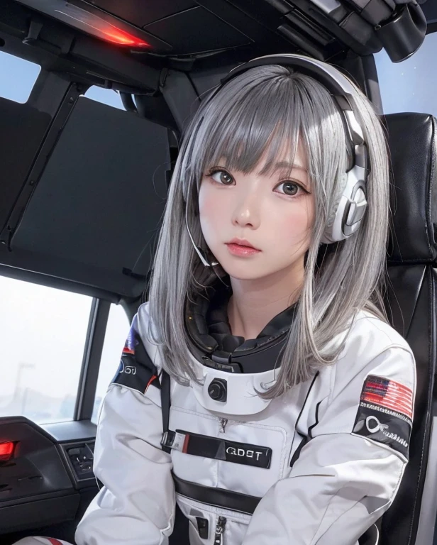 Space view from the window:1.5、最high quality、Best image quality、masterpiece、With a girl((Tight spacesuit、20-year-old、 Ager、cute、,beautiful shining gray eyes,Great Valley、 Disheveled silver hair、Long Hair、Slender,Headphones、Sit in the cockpit、 face、Anxious face、Grip the control stick)),high quality、Beautiful art、background((cockpit、Control Stick,Warning screen、Red Light Nast Piece,))、Depth of written boundary,Cinematic style