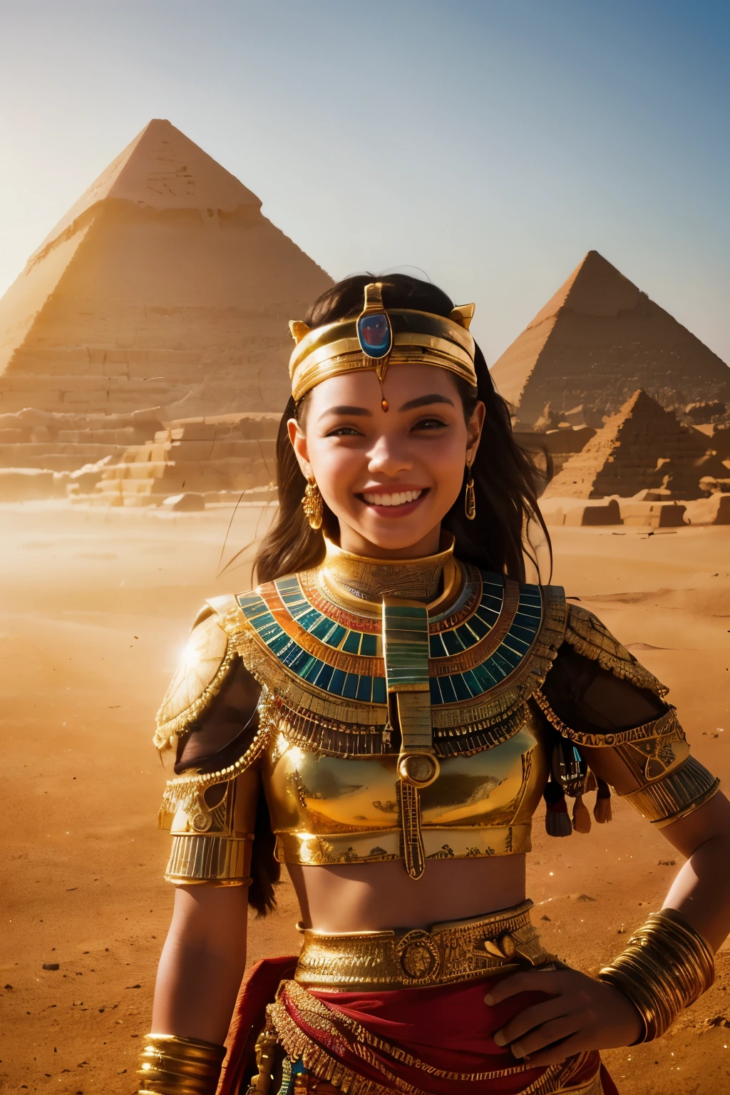a young girl visiting the egyptian pyramids, smiling, adventurous style, energetic, highly detailed, photorealistic, 8k, hyperrealistic, extremely detailed, cinematic lighting, warm color tones, dramatic shadows, ornate jewelry, intricate clothing details, confident pose, dynamic composition, golden hour lighting, volumetric fog, atmospheric haze