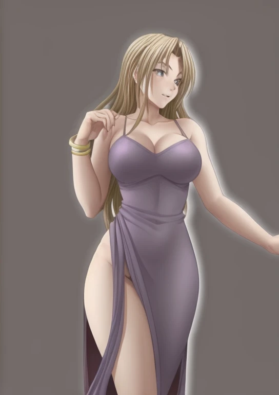 Sefiria, with her big breasts and beautiful legs, is standing in a dress-like outfit that emphasizes her breasts.。