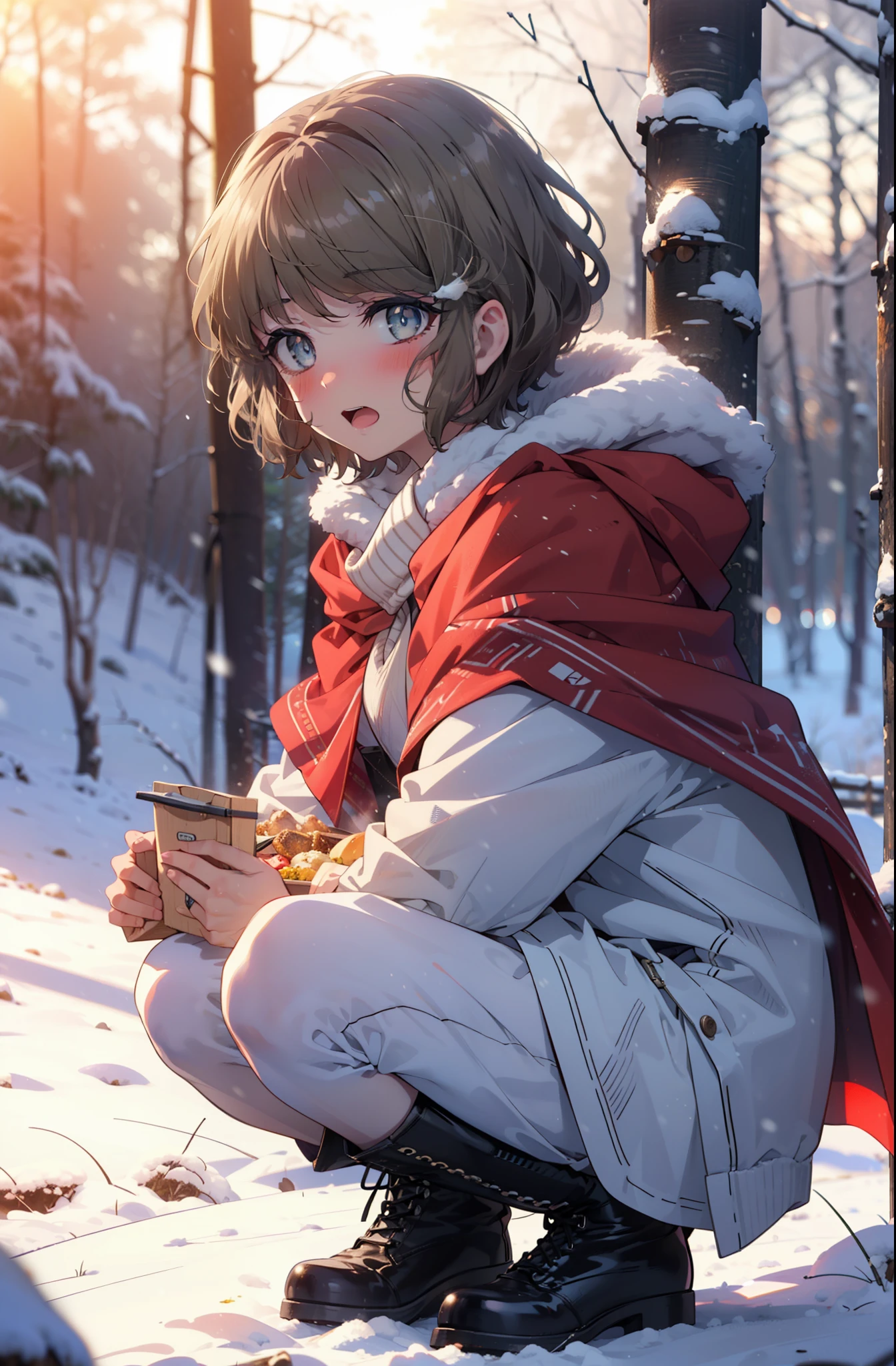 tomoekoga, Chie Koga, short hair, Brown Hair, blue eyes, hair band,smile,blush,White Breath,Center of chest,
Open your mouth,snow,Ground bonfire, Outdoor, boots, snowing, From the side, wood, suitcase, Cape, Blurred, having meal, forest, White handbag, nature, Squat, Mouth closed, Cape, winter, Written boundary depth, Black shoes, red Cape break looking at viewer, Upper Body, whole body, break Outdoor, forest, nature, break (masterpiece:1.2), highest quality, High resolution, unity 8k wallpaper, (shape:0.8), (Beautiful and beautiful eyes:1.6), Highly detailed face, Perfect lighting, Highly detailed CG, (Perfect hands, Perfect Anatomy),