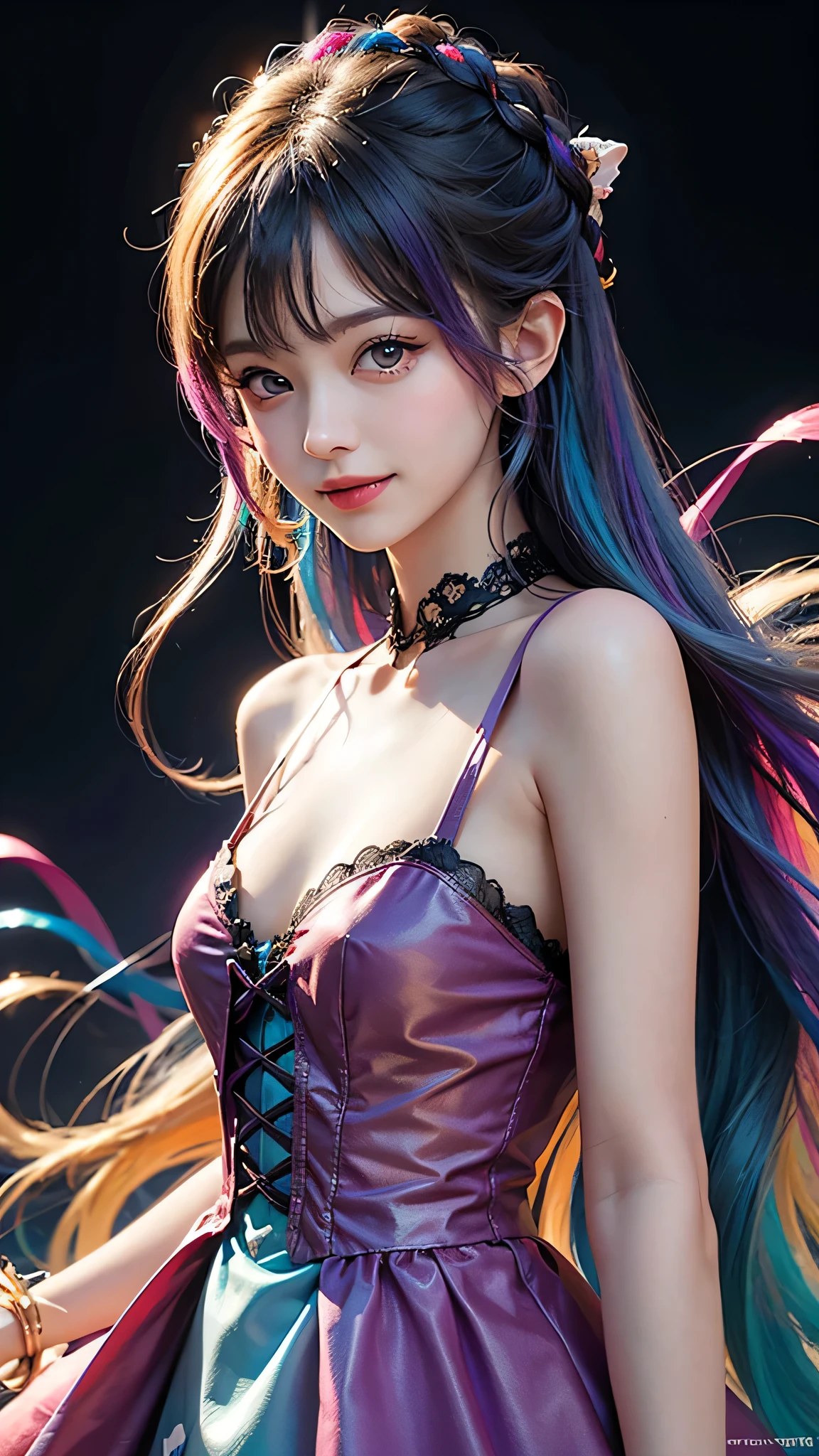 Psychedelic world、lolita fashion、Cute 1 girl、18 year old girl、rainbow hair、facing forwar,light smile, colorful gel background、fractal background、perfect lighting、sharp focus、High definition、high resolution、High color rendering、High resolution、Super realistic、photo realistic 