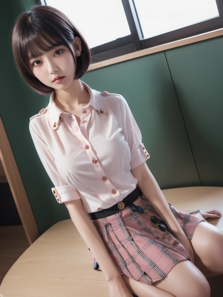 (8k, Photorealistic, Raw photo, Highest quality: 1.4),Japanese idol-style beautiful girl,1 person,,Hairstyle(Short Bob,Black :1.4),She has her hair tucked behind her ears,Large, clear grey eyes,Long eyelashes,Plump Cheeks,Thin and delicate shoulders,(bra(Pink)Wearing),thin abdomen,(She has a plain white short-sleeved blouse on),(All the buttons on her blouse are undone :1.8),(The hem of her blouse is out, hiding part of her skirt. :1.8),(Pleated skirt(Plaid)Wearing),Blackの靴下を履いている,School classroom,(Crossing one&#39;s legs on the desk :1.6),(Angle from below),Full body portrait