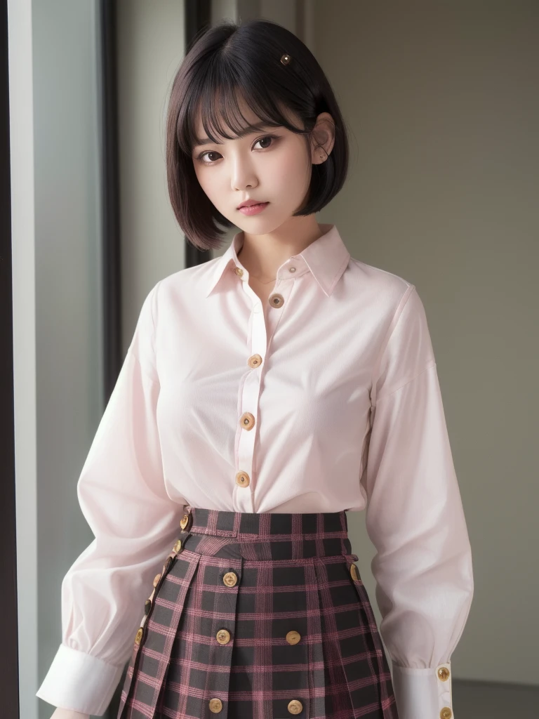 (8k, Photorealistic, Raw photo, Highest quality: 1.4),Japanese idol-style beautiful girl,1 person,,Hairstyle(Short Bob,Black :1.4),She has her hair tucked behind her ears,Large, clear grey eyes,Long eyelashes,Plump Cheeks,Thin and delicate shoulders,(bra(Pink)Wearing),thin abdomen,(She has a plain white short-sleeved blouse on),(All the buttons on her blouse are undone :1.8),(The hem of her blouse is out, hiding part of her skirt. :1.8),(Pleated skirt(Plaid)Wearing),Blackの靴下を履いている,School classroom,(Crossing one's legs on the desk :1.6),(Angle from below),Full body portrait
