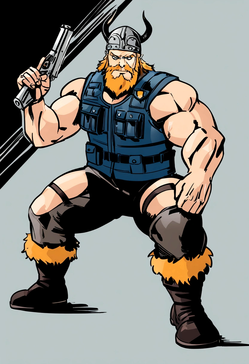 strong viking, wearing a police vest, and viking hat. holding a gun in his left hand. full body, comic book style, vector, thor inspired, no background, charismatic, full body