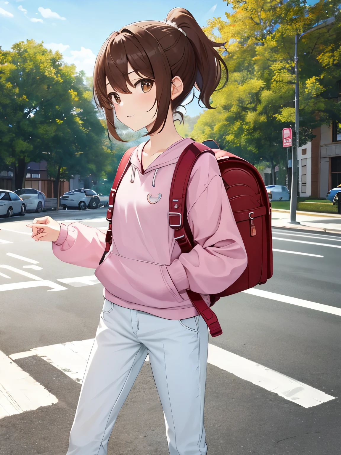 Masterpiece, Best Quality, Hd, 1 Girl, Solo, small Breasts, Brown Hair, Brown Eyes, Short Hair, ponytail, Hair Between Eyes, Floating Hair, wear pink hoddies, white trousers, standing, wear sneakers, fullbody, wearing backpack, travel backpack, (backpack:1.0), sunlight, daytime, park