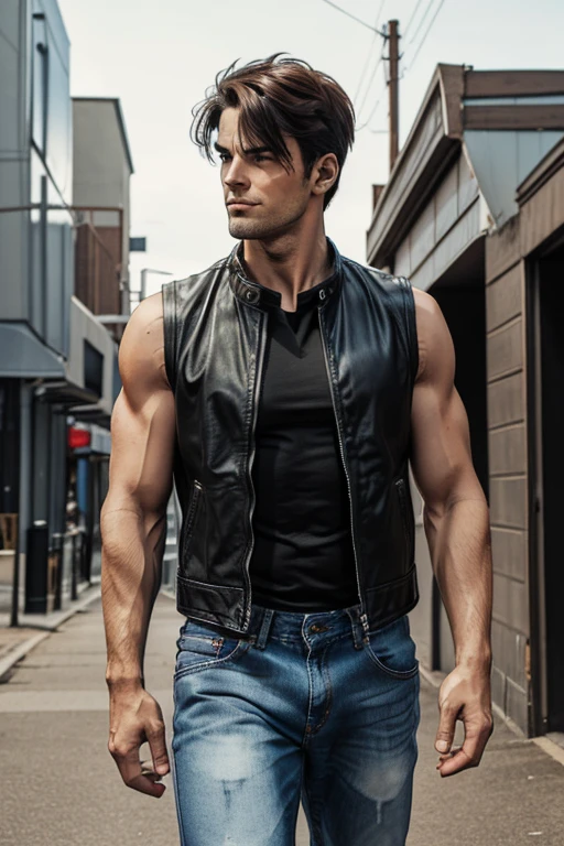 Man in Sleeveless leather jacket with normal sleeve shirt down and long loose jeans With converse sneakers Heroic Presence Serious and strong pose and cap darkens the face strong playera de manga corta Normal Con mangas la playera con mangas la playera con mangas
