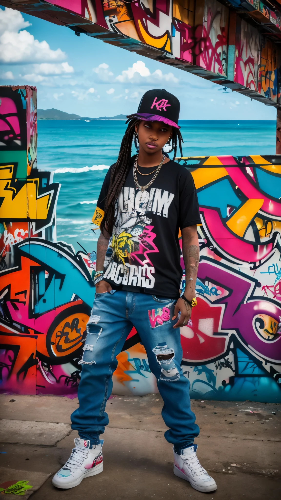 Full color drawing of Jamaica hip hop, hip hop, hip hop, hip hop, Baggy jeans, wrap (((Graffiti art) (Karen Griffiths))), With the sea in the background, Crazy Details, Intricate details, Hyper Details , Low contrast, Cinematic Soft Light, Exposure Blending, High resolution, front