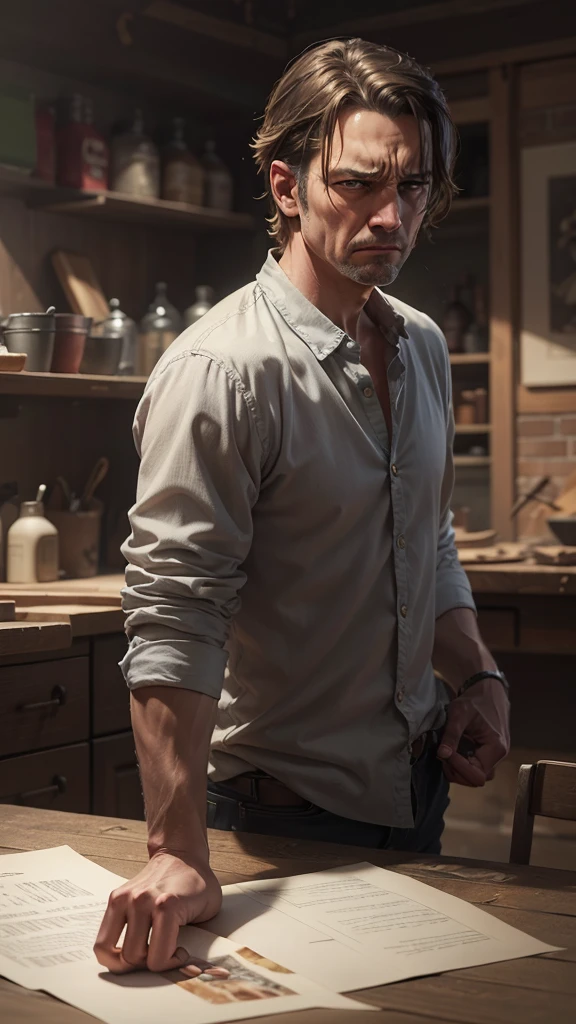 a middle-aged male artist looking at his painting with a disgusted expression, intricate details, highly detailed face and hands, oil painting, dramatic lighting, moody atmosphere, muted color palette, painterly style, cinematic composition, strong shadows, (best quality,4k,8k,highres,masterpiece:1.2),ultra-detailed,(realistic,photorealistic,photo-realistic:1.37), disgusted expression