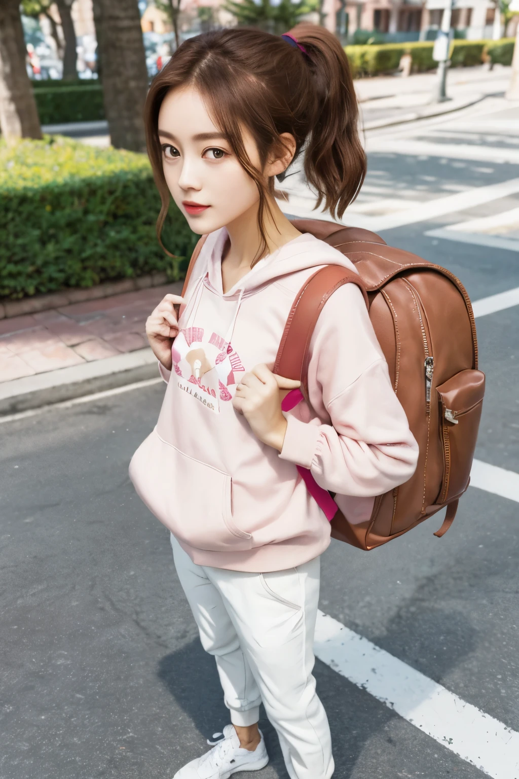 Masterpiece, Best Quality, Hd, realistic, 1 Girl, Solo, small Breasts, Brown Hair, Brown Eyes, Short Hair, ponytail, Hair Between Eyes, Floating Hair, wear pink hoddies, white trousers, standing, wear sneakers, fullbody, wearing backpack, travel backpack, (backpack:1.0), sunlight, daytime, park