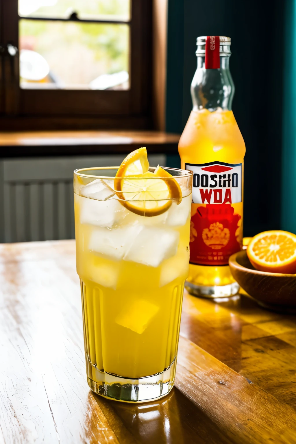 vodka in a glass bottle and a glass of orangeade on the table