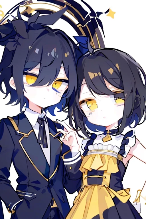 (highest quality、masterpiece:1.2) (((1 boy,1 girl))) (suit) short hair、black hair,,、yellow eyes、elegant、beautiful eyes、beautiful hair、smooth skin、((low length))((hair above one eye, one eye covered)) (introverted look)upper body visible(((cute face))),(twins:1.5)