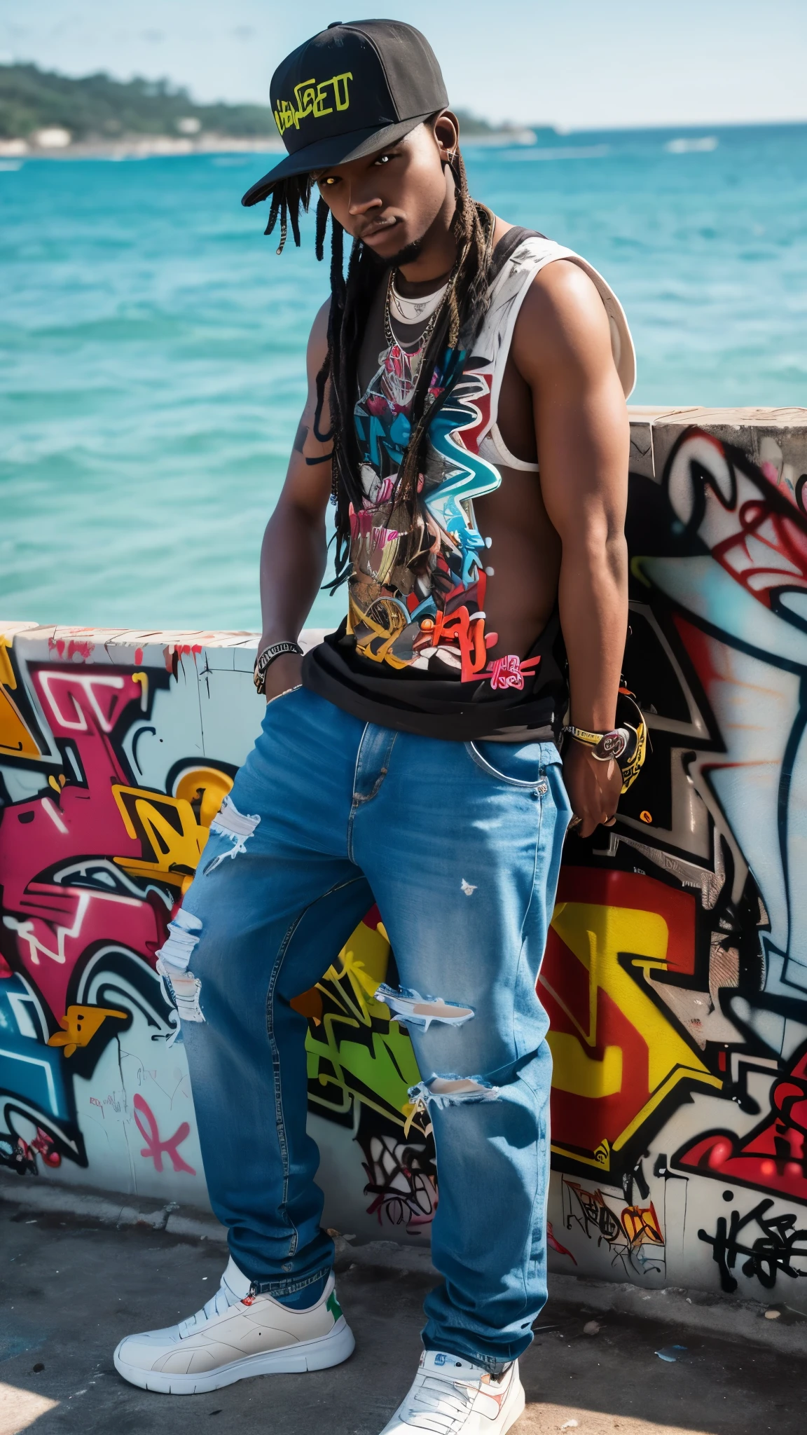 Full color drawing of Jamaica hip hop, hip hop, hip hop, hip hop, Baggy jeans, wrap (((Graffiti art) (Karen Griffiths))), With the sea in the background, Crazy Details, Intricate details, Hyper Details , Low contrast, Cinematic Soft Light, Exposure Blending, High resolution, front