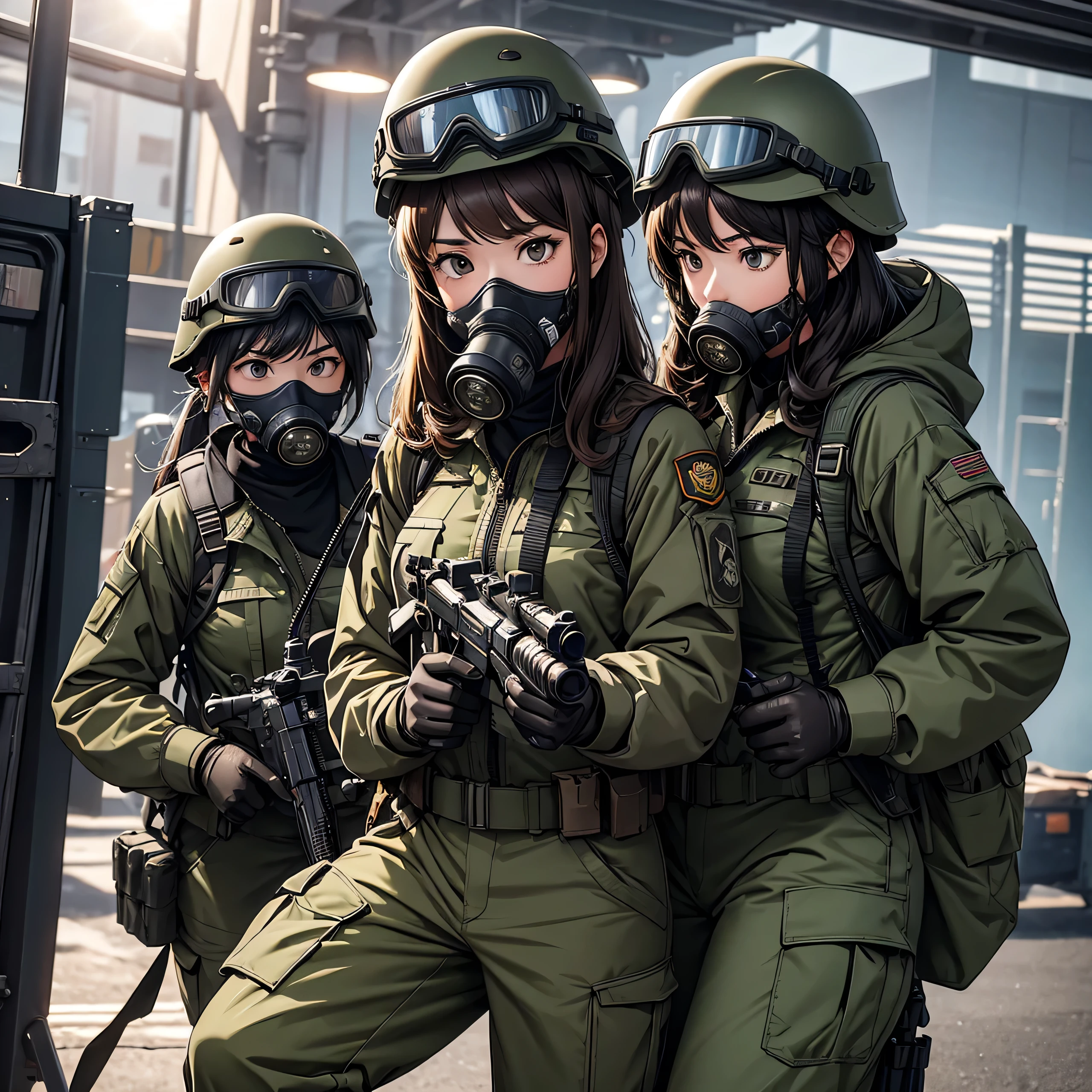 First-person lens、Three female special forces soldiers wearing gas masks、Put on a helmet、Wear goggles、Brown military uniform，front，military trousers、tactical suit、Write details、masterpiece、best quality、Highly detailed CG、8K picture quality、theater lighting、lens flare