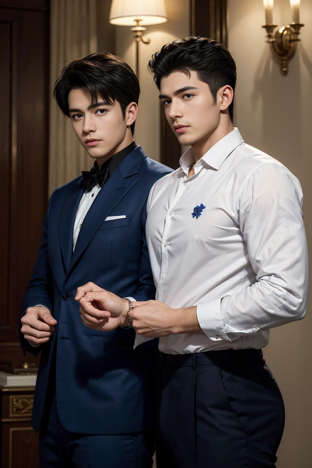 ((masterpiece)),((best quality)),8K,High Detail,Very detailed, Very manly，2 men, like，fashion pose, Real skin texture, Light,
Royal blue style couple