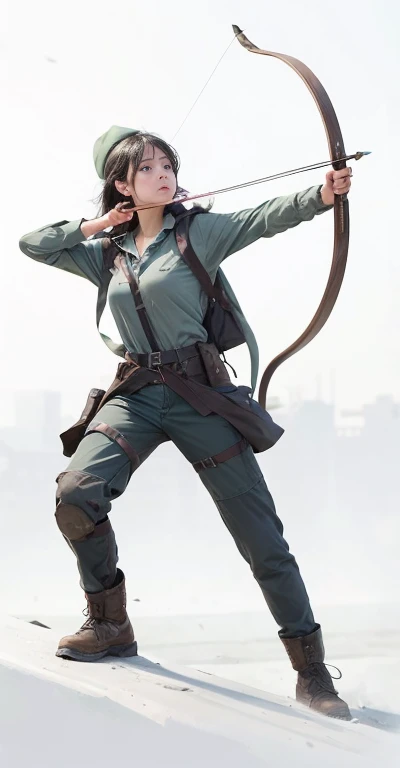 A girl who draws a bow and shoots arrows,Wearing brimmed hat, Wearing cloak, Wearing long light-grey tactical pants tucked into hiking boots, dark green shirt, eighteen year old girl, Black hair, Blue eyed
Gray cape hangs down her back to the back of her knees and tied around her neck, dark green tee shirt,
Urban apocalypse, smoke rises from a burning house behind her, ash and paper scattered across the street, some houses have collapsed,
