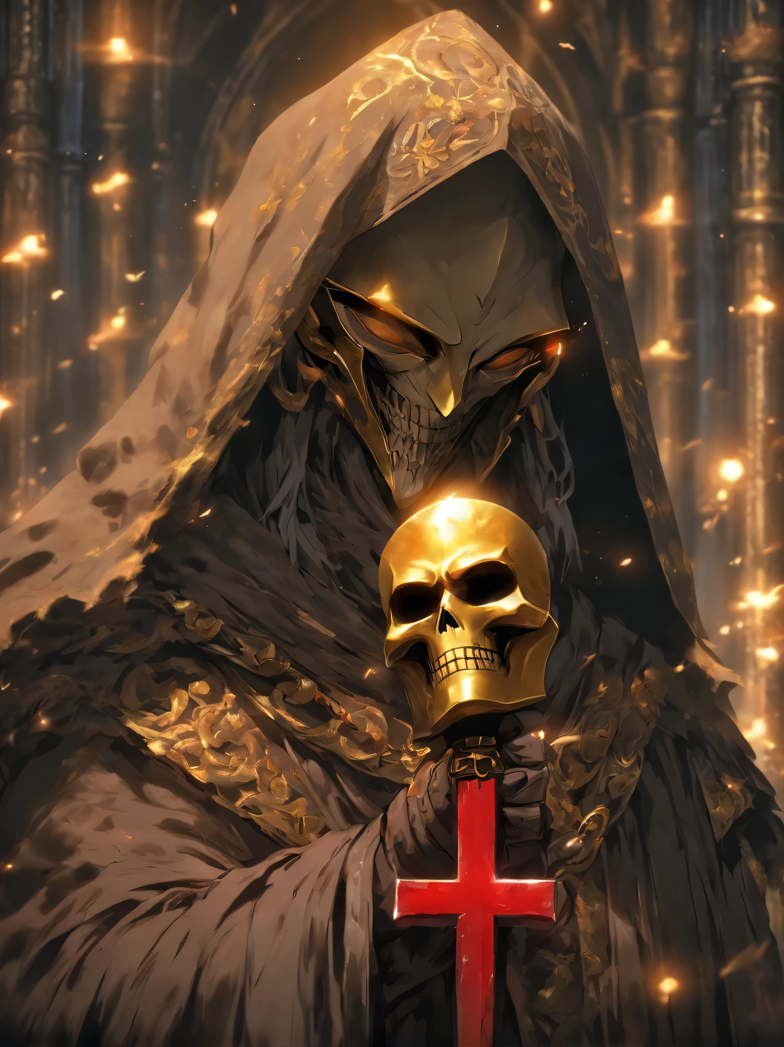 A somber, hooded monk with a pale, emaciated face hidden behind a large golden teardrop-shaped mask resembling an ancient religious icon, his body covered in scars and wounds from self-flagellation, holding a massive cross-shaped sword called "Mea Culpa" - the embodiment of the dark, penitent theme of the game "Blasfemo".

(somber hooded monk, pale emaciated face, large golden teardrop-shaped mask, ancient religious icon, scarred wounded body, self-flagellation, massive cross-shaped sword "Mea Culpa", dark penitent theme, 4k, 8k, highres, masterpiece:1.2, ultra-detailed, realistic, photorealistic, photo-realistic:1.37, HDR, UHD, studio lighting, ultra-fine painting, sharp focus, physically-based rendering, extreme detail description, professional, vivid colors, bokeh, dark fantasy, gothic, horror, religious)