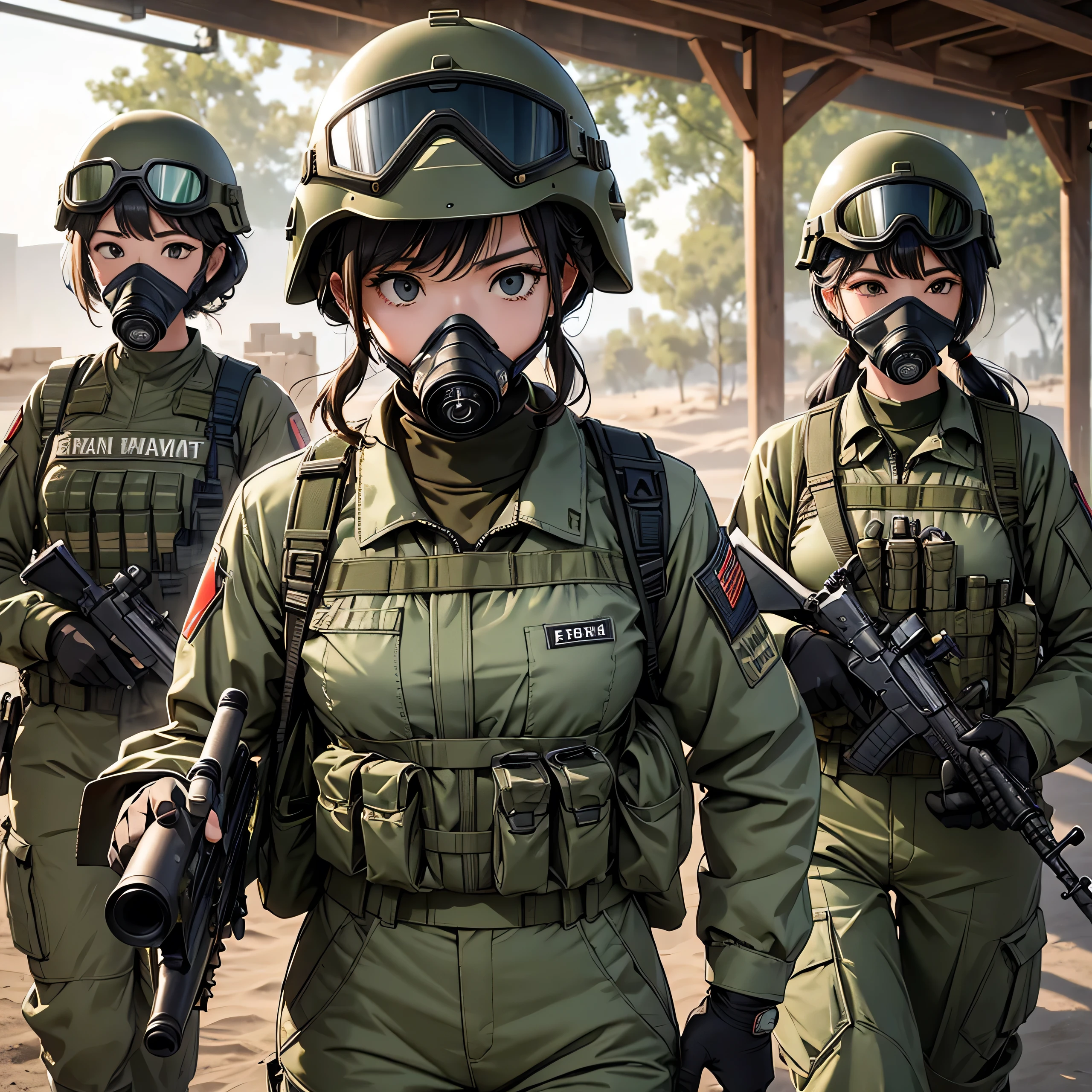Four female special forces soldiers wearing gas masks、Raise your gun and shoot、Put on a helmet、Wear goggles、Sand color uniform，front，military trousers、Individual soldier suit、Write details、masterpiece、best quality、Highly detailed CG、8K picture quality、theater lighting、lens flare
