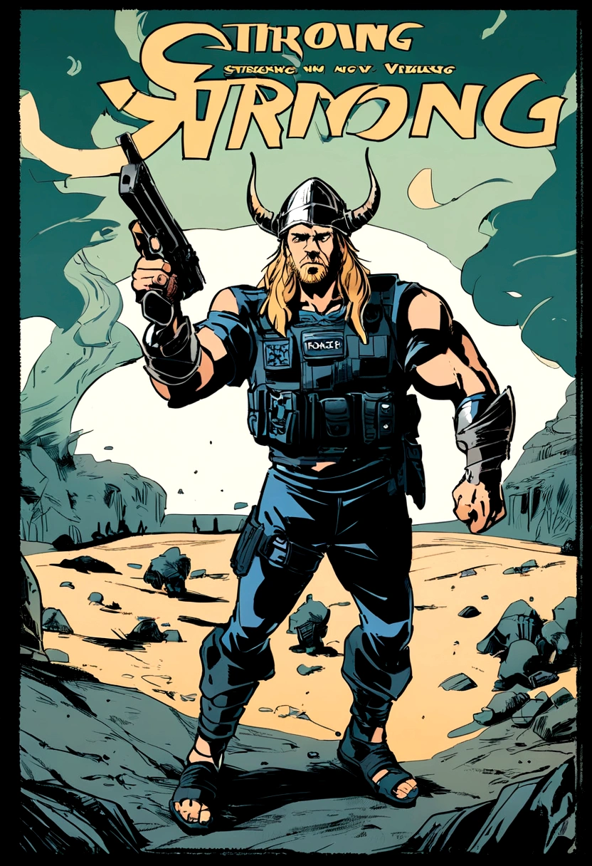 strong viking, wearing a police vest, and viking hat. holding a gun in his left hand, holding a handcuffs in right hand. full body, comic book style, vector, thor inspired, no background, charismatic, full body