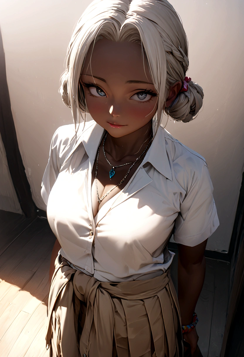 Character Focus、From above(school uniform:1.3), (Plain beige clothing around the waist:1.5), (West Knot:1.3), (white collared-shirt:1.4), ((white collar, Unbutton, Short sleeve):1.2), (Red checkered pleated skirt:1.3), ((necklace, Colorful Bracelets, × Hair Accessories):1.2),
Very detailed、(8k, RAW Photos, highest quality, masterpiece:1.2), (Very detailedな8K壁紙),shape、Professional Lighting,Sharp focus, Written boundary depth、
Browsing Caution、Clear Eyes、Perfect Anatomy、With a girl、15-year-old student、Black Gal(Dark Skin:1.2)、(Oily skin,Glowing Skin,Shiny skin,Sweat:1.2),smile、Plump thighs、Huge 、Fully exposed、Big Breasts,(gap between buttons:1.4)、Lift up your skirt、blue eyes、blonde、(Compensate:1.1)、(Black High Socks 1.6)、:1.6、Brown Loafers、Sitting、((Leg spread:1.5))，on the road、Pastel colored pantiesが見えている、((Pastel colored panties))、((Shiny panties))、((Normal location:1.4))、(((Crouching pose)))，((I was made to sit with my legs apart...))、Cowgirl, squat, Spread your legs、, blazer,good fingers, five fingers, best quality, high quality,