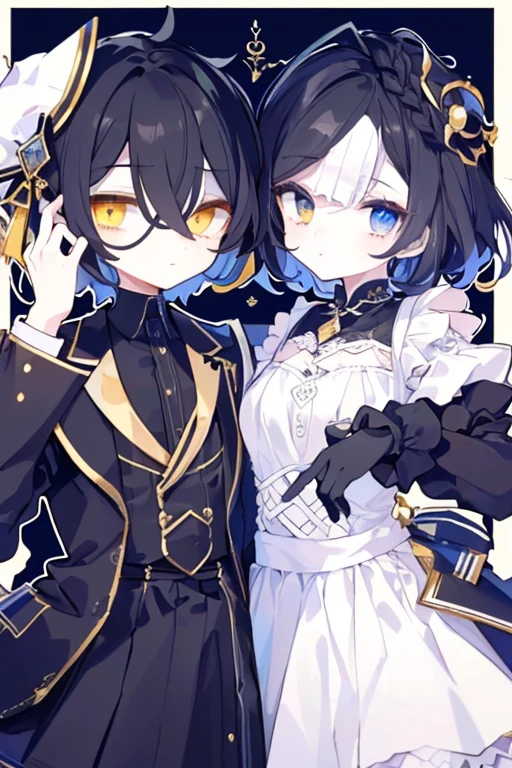 (highest quality、masterpiece:1.2) (((1 boy,1 girl))) (suit) short hair、black hair,,、yellow eyes、elegant、beautiful eyes、beautiful hair、smooth skin、((low length))((hair above one eye, one eye covered)) (introverted look)upper body visible(((cute face))),(twins:1.5)