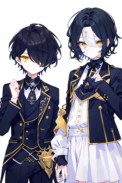 (highest quality、masterpiece:1.2) (((1 boy,1 girl))) (suit) short hair、black hair,,、yellow eyes、elegant、beautiful eyes、beautiful hair、smooth skin、((low length))((hair above one eye, one eye covered)) (introverted look)upper body visible(((cute face))),(twins:1.5)