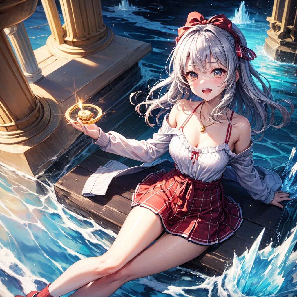 Red Blue Gold Hair、Golden Eyes、Braid、One good looking girl、solo、anime、Checkered mini skirt、Ruffles on the skirt、camisole、cardigan、Black knee-high socks、Wearing a baseball cap、Wearing a ribbon、Ribbon on waist、Tilting face、Teeth are visible、Sunset sky、Piercing the clouds、Contrail、Cumulonimbus、Pillar of Light、Silver coin necklace、A world of light、shine、From above、bell、torii、Desert Oasis、water is gushing out、Sparks are flying、The ice is melting