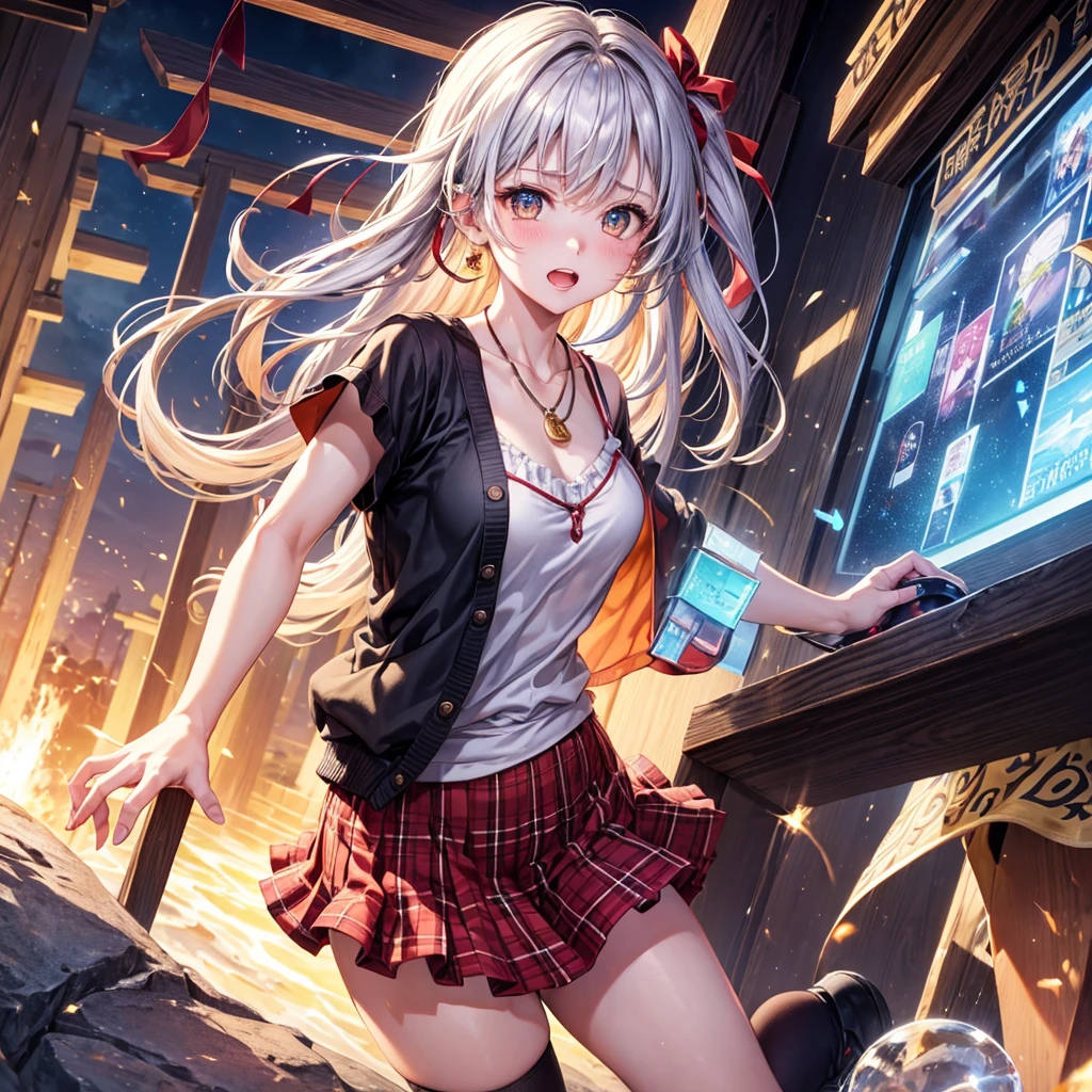 Red Blue Gold Hair、Golden Eyes、Braid、One good looking girl、solo、anime、Checkered mini skirt、Ruffles on the skirt、camisole、cardigan、Black knee-high socks、Wearing a baseball cap、Wearing a ribbon、Ribbon on waist、Tilting face、Teeth are visible、Sunset sky、Piercing the clouds、Contrail、Cumulonimbus、Pillar of Light、Silver coin necklace、A world of light、shine、From above、bell、torii、Desert Oasis、water is gushing out、Sparks are flying、The ice is melting