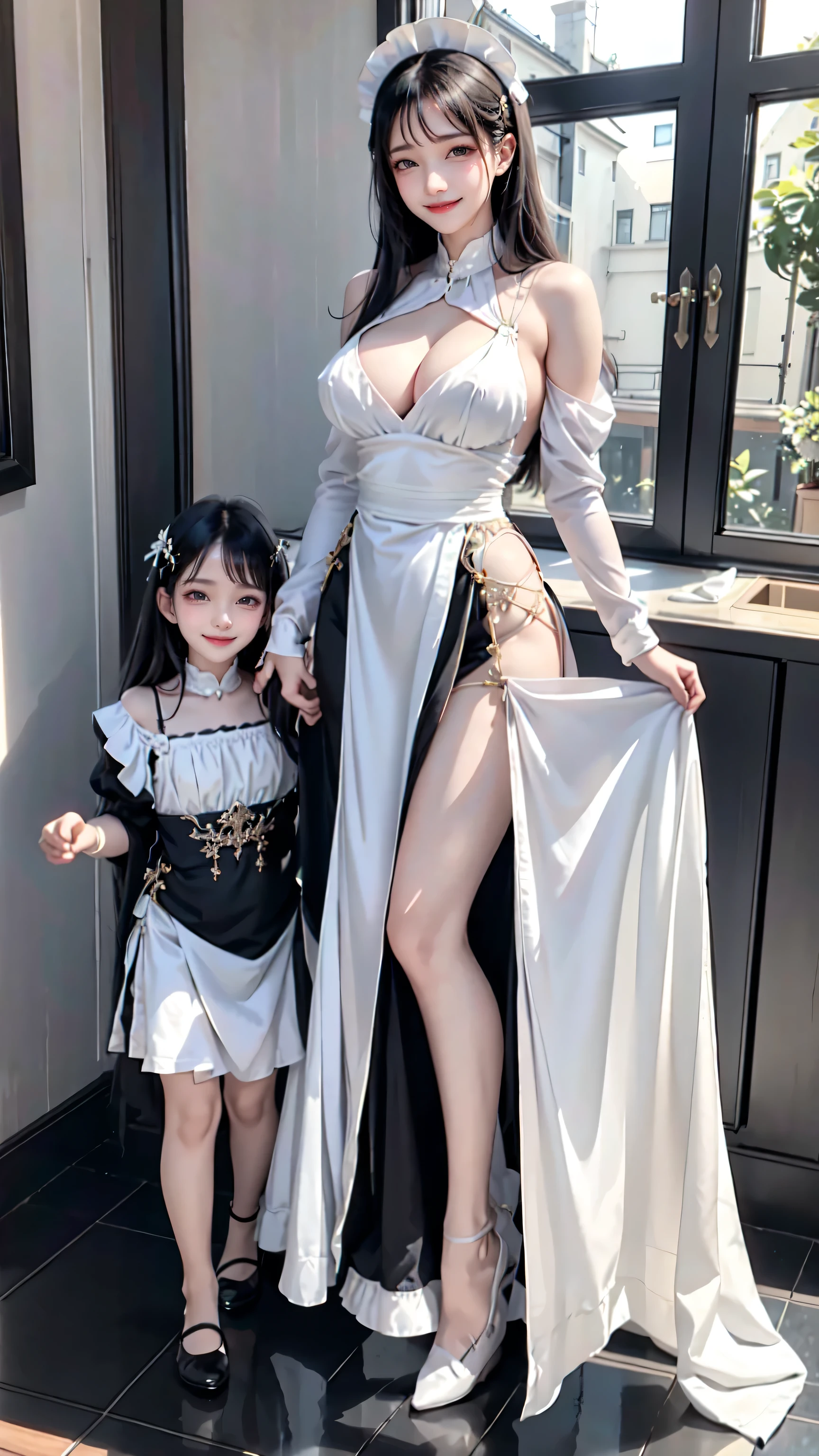 see through clothes(Full body female love:1.3),best quality, masterpiece, ultra high resolution, (lifelike:1.4), original photo, 1 female,35 years old, black hair, big eyes, Detailed eyes and face,huge breasts,split,long legs,Belted robe open ,bare shoulder,no underwear:1.5,see through clothes,Hollow material white clothes,kitchen:1.3,Smile、sleeveless costume、((Maid clothes))、((She is carrying her little daughter))
