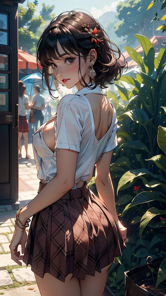 nsfw, 8K raw photo, Best quality, masterpiece, ultra high res, film grain, filmg, 1girl, looking at viewer, natural skin texture, realistic eye and face details, full lips, lipstick, (makeup), red eyeshadow, fluffy short hair, messy hair, smile, close mouth, beautiful legs, tall female, skinny, slim_legs, solo, enormous breast, cleavage, Pose with buttocks facing you, ultra short skirt, ass, shirt, beautiful nature location, around flower location, (detailed background), plaid skirt, white shirt, small breast, cleavage, Show a little cleavage through the shirt, loafers, blurry background, blurry, holding, plaid, short sleeves, jk ribbon on the neck, jk ribbon, brown hair, bracelet, water, bangs, , jewelry, parted lips, lips, from side, pleated skirt, depth of field