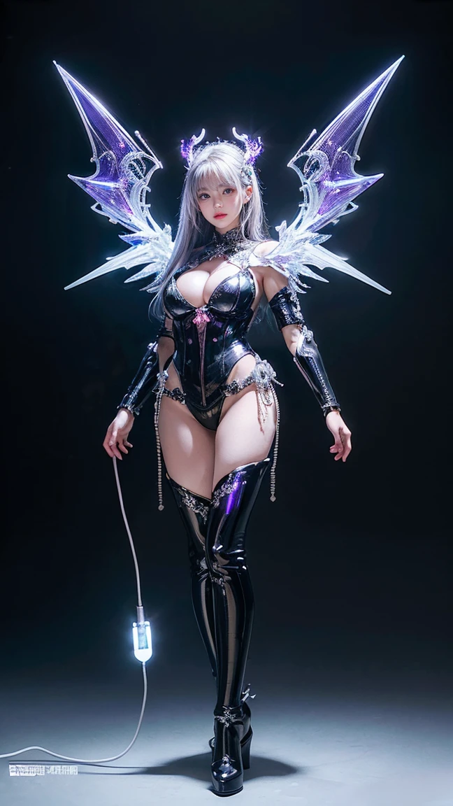(((Full Body Shot)))、(((Full Body Shot)))、(((Full Body Shot)))、highest quality、masterpiece、High resolution、(Photorealistic:1.4)、RAW Photos、、Battle Cyborg Angel、Big metal wings、White porcelain body、Acrylic clear cover、Gray Hair、Glowing Skin、1 Cyborg Girl、beautiful girl、 ((Ultra-Realistic Details))、Global Illumination、Shadow、Octane Rendering、8k、Ultra Sharp、Character edge light,Big Brean exposed by cleavage、Intricate ve details、More about Gothic Lolita、Hydraulic cylinder、 l LED Lamp))、Very intricate details、Realistic Light、Purple eyes、Shining Eyes、(Neon Details)、Futuristic headgear、About Cyberpunk.