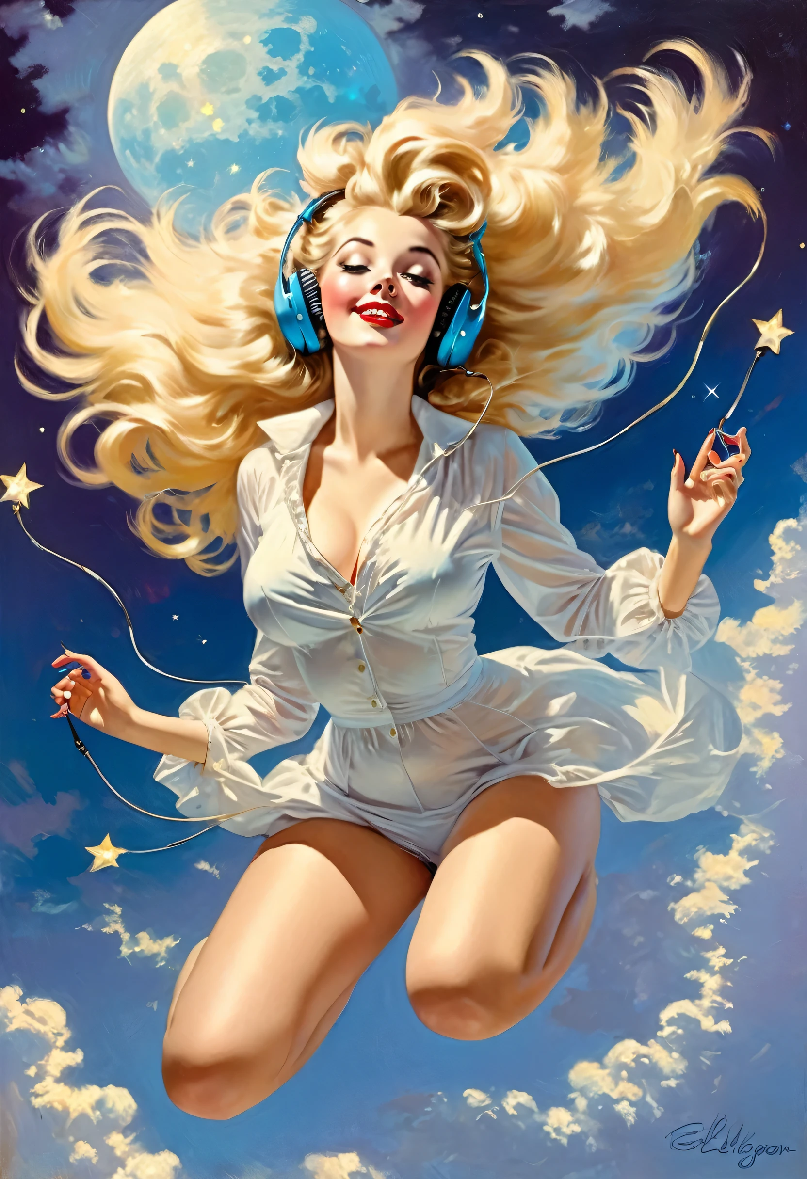 A Gil Elvgren pin-up style painting of a beautiful blonde woman with big messy hair, floating in the clouds gracefully, wearing headphones, with moon light, twinkling stars and stardust, vibrant and colorful, full body shot