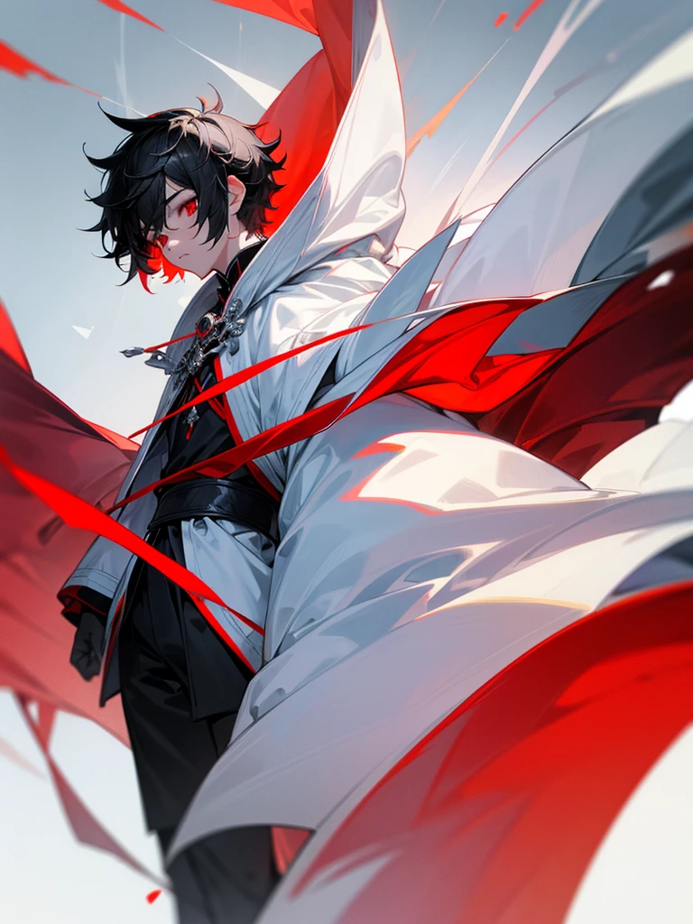 Russian teenager mature boy, black short hair, red eyes, white cold weather outfit, white cloak, ultra detailed, Fantasy style,sukuna