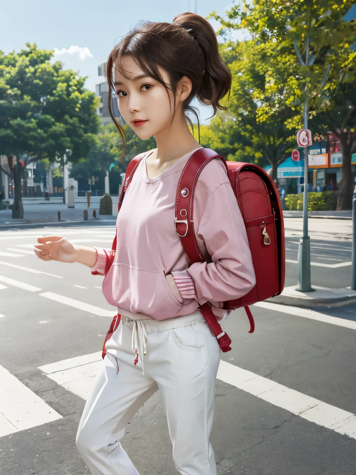 Masterpiece, Best Quality, realistic, Hd, 1 Girl, Solo, small Breasts, Brown Hair, Brown Eyes, Short Hair, ponytail, Hair Between Eyes, Floating Hair, wear pink hoddies, white trousers, standing, wear sneakers, fullbody, wearing backpack, travel backpack, (backpack:1.0), sunlight, daytime, park