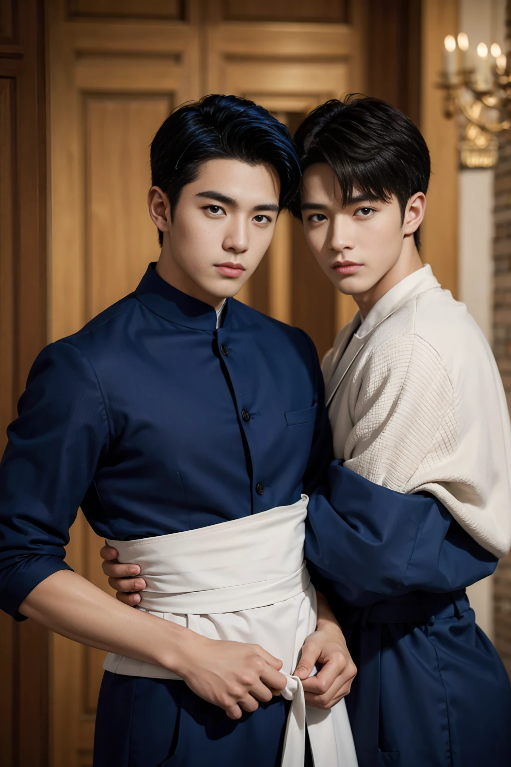 ((masterpiece)),((best quality)),8K,High Detail,Very detailed, Very manly，2 men, like，fashion pose, Real skin texture, Light,
Royal blue style couple