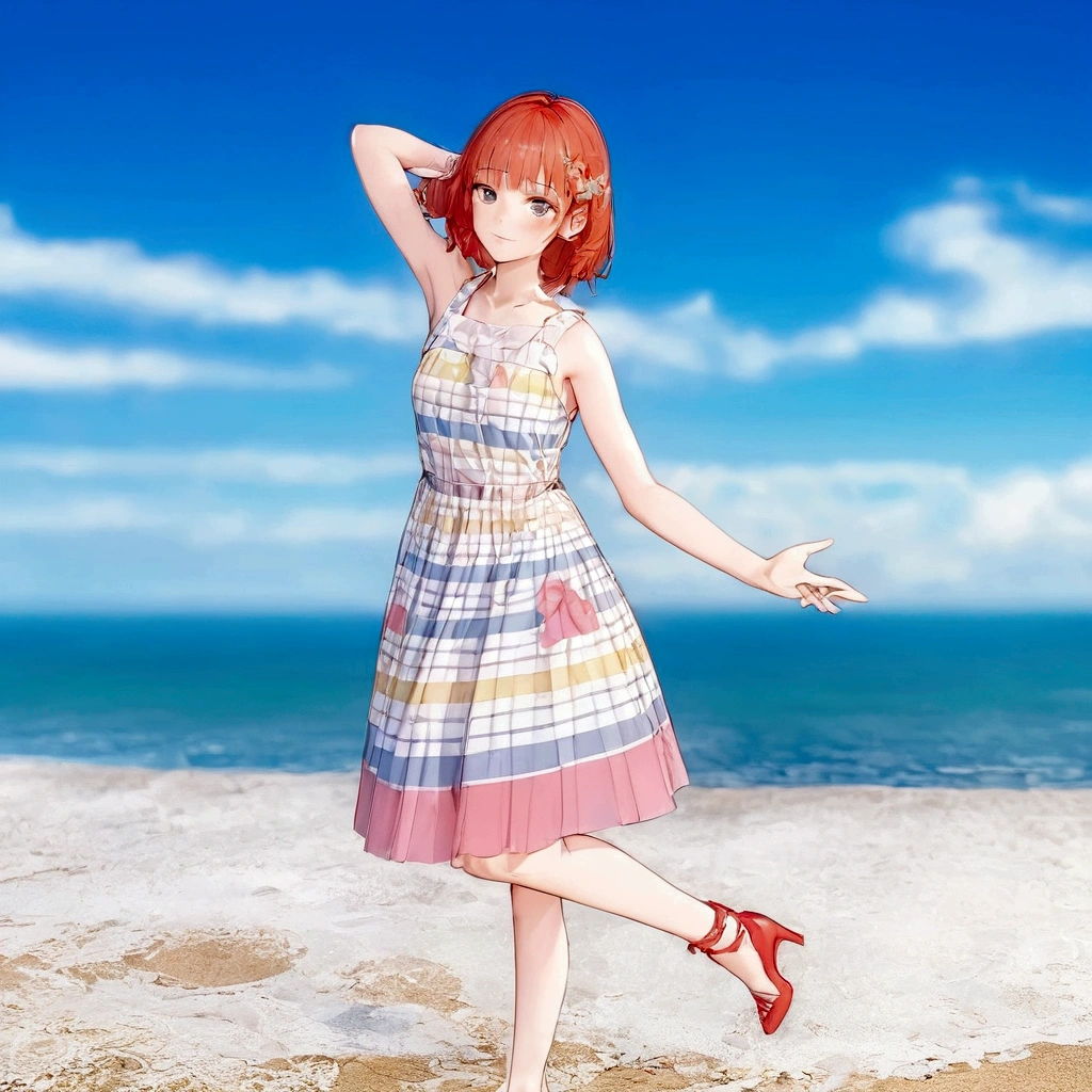 There is a woman in a dress standing on the beach, sayori, whole body:: sunny::, Standing near the beach, Cute 3D anime girl render, Fashion pose, Dancing on the beach, She is dancing. Realistic, Asuka as a surfer model, change, !!whole body portrait!!, Girl on the beach, Stylish pose