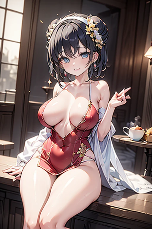 (((Masterpiece))),(((Super Detail))),(((in 8K))),(((best composition))),(((Rim lighting,Fireglow effect,deep shadow))),solo,(Hatsune Miku:1.0),Beautiful fingers,Detailed finger features,(Detailed hair features:1.7),(Dynamic and sexy bending pose:1.3),detailed facial features,detailed clothes features, (perky chest:1.1), (pointed chest:1.3), delicate beautiful face, Bright blue eyes, cute eyes, sparkling eyes, Big eyes, beautiful detailed eyes,double bun with glittering hair ornament,(super detailed glossy skin:1.3),slender body,tits,goddess smile,((with sparkling eyes and a contagious smile)),beautiful posture,have a cup of coffee,black hair, red eyes, dress, bare shoulders, jewelry, collarbone, sidelocks, hairband, earrings, indoors, off shoulder, sweater, arms behind back, plant, short hair with long locks, white hairband, off-shoulder dress, sweater dress, off-shoulder sweater, red sweater, big side hair, very long side hair,(super delicate floral pattern:1.2),seductive cleavage:1.3,beautiful glossy legs,shiny red high heels,lifting dishes with cakesd,french restaurant,hustle and bustle,rising steam,(((depth of fields)))