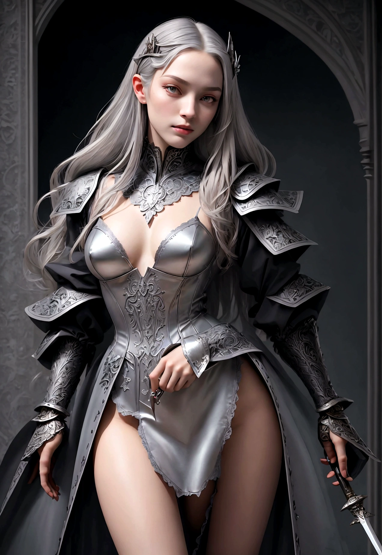 full body picture,full body representation((Masterpiece)), (Best Quality),(Cinematic),(highly accurate drawing in every detail)(extremely precise representation)(full body picture) evil awe inspiring night time with full moon scenery,1girl,fit,small breasts,long legs,sporty butt, red eyes, pale light grey skin, we capture a standing stunning tall young vampire girl with mindblowing face that takes a nice pose and showing her vampyfangs keeping her fine crafted straight-sword in front of her krypta surrounded wearing a beautifully crafted blued steel with brass ornaments meager and form fitting plate armor with some lace covered skin , extreme long silver hair, overknee armor heeled boots with buckles. (Masterpiece), (Best Quality), (ultra detailed), (most absurd), (highres), (official art:1.4), (illustration:1.4), (clear image:1.2),(delicate illustration: 1.2), 8k ,(detailed face:1.3), (highlights in eyes:1.3), (detailed silver long hair:1.3), (detailed skin:1.3), , perfect drawing lines. detailliertes full body picture,head and hands and feet in the picture, strigoi, nosferatu, fangs, vampyfangs