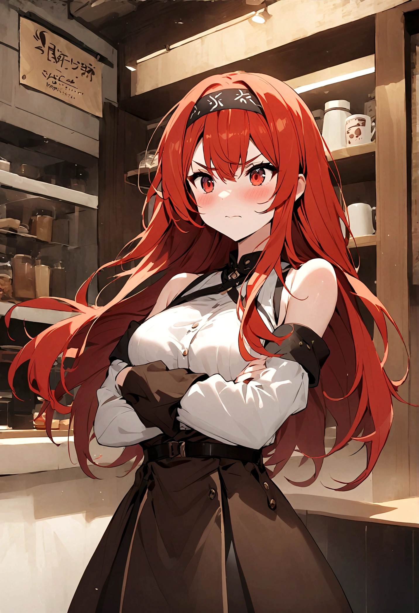 Eris Greyrat，1 girl，solitary，Long hair，Ahog，Red Eyes，Red hair，Bare shoulders，Headband，Cross your arms，Blush，黑色Headband，Chest，Separate sleeves，Bangs，Hair between the eyes，Disgusted look，Brown skirt，White shirt，Shouted loudly，anger，Coffee Shop,