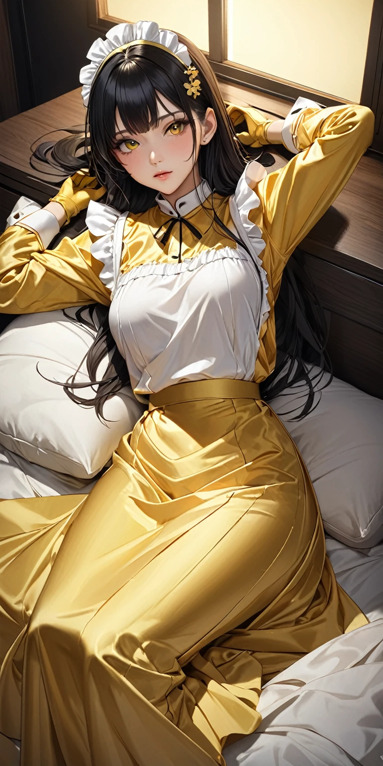 (masterpiece,highest quality,超A high resolution),Japanese women, (((Very beautiful 25 year old girl))),(Yellow satin maid outfit)、Yellow satin long skirt that fits snugly、(Yellow satin long sleeve shirt)、Yellow satin long gloves、The clothes fit snugly to the body、Satin has a very high shine.、Dark Room