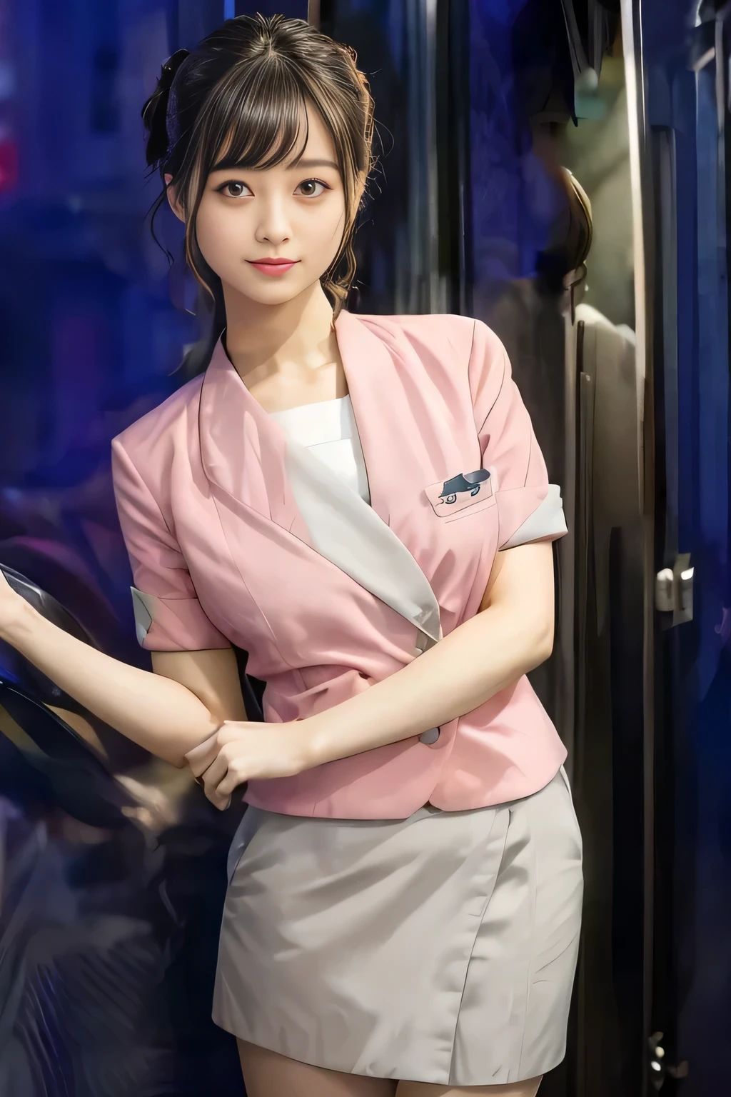 (masterpiece:1.2, highest quality:1.2), 32K HDR, High resolution, (alone、1 girl)、 (Height: 160cm)、（On the rooftop of a building in the daytime、Professional Lighting）、Building rooftop background、（Nankai train crew uniform pinkを着たリアルスタイル）、（Nankai train crew uniform pink short sleeve collarless pink jacket、Nankai Train Crew Uniform Pink Collarless Short Sleeve Blouse、Nankai Train Crew Uniform Pink Grey Knee-length Culottes）、Dark brown hair、（Hair tied up、Hair tied up、Evening curly hairstyle）、Dark brown hair、Long Shot、Big Breasts、Thin legs、（（Great hands：2.0）），（（Harmonious body proportions：1.5）），（（Normal limbs：2.0）），（（Normal finger：2.0）），（（Delicate eyes：2.0）），（（Normal eyes：2.0））)、smile、（Nankai Train Crew Uniform Pink Grey Knee-length Culottesを見せた美しい歩く姿）、Place your hands around your stomach、Lanyard employee ID card