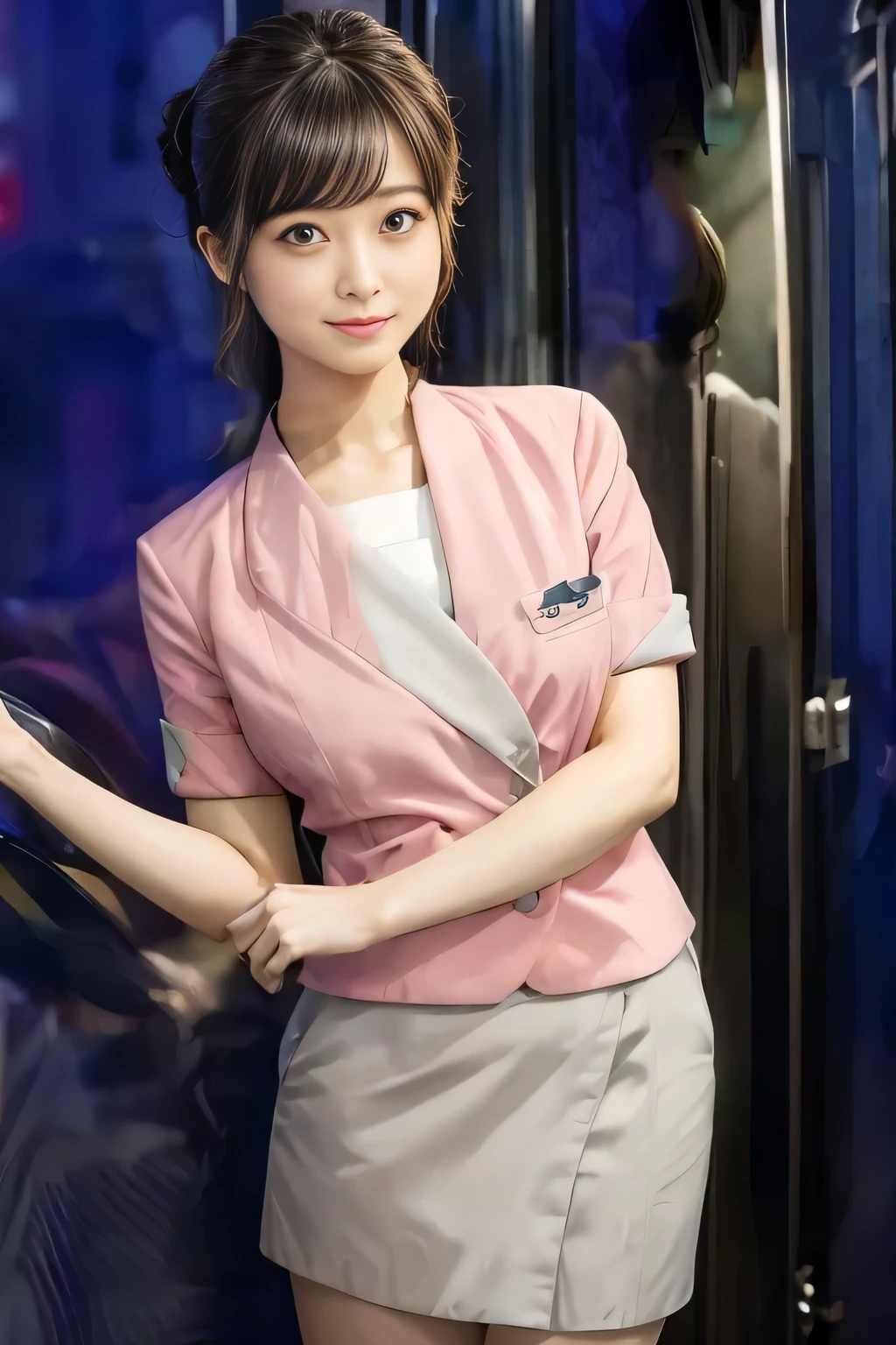 (masterpiece:1.2, highest quality:1.2), 32K HDR, High resolution, (alone、1 girl)、 (Height: 160cm)、(On the rooftop of a building in the daytime、Professional Lighting)、Building rooftop background、(Nankai train crew uniform pinkを着たリアルスタイル)、(Nankai train crew uniform pink short sleeve collarless pink jacket、Nankai Train Crew Uniform Pink Collarless Short Sleeve Blouse、Nankai Train Crew Uniform Pink Grey Knee-length Culottes)、Dark brown hair、(Hair tied up、Hair tied up、Evening curly hairstyle)、Dark brown hair、Long Shot、Big Breasts、Thin legs、((Great hands:2.0)),((Harmonious body proportions:1.5)),((Normal limbs:2.0)),((Normal finger:2.0)),((Delicate eyes:2.0)),((Normal eyes:2.0)))、smile、(Nankai Train Crew Uniform Pink Grey Knee-length Culottesを見せた美しい歩く姿)、Place your hands around your stomach、Lanyard employee ID card