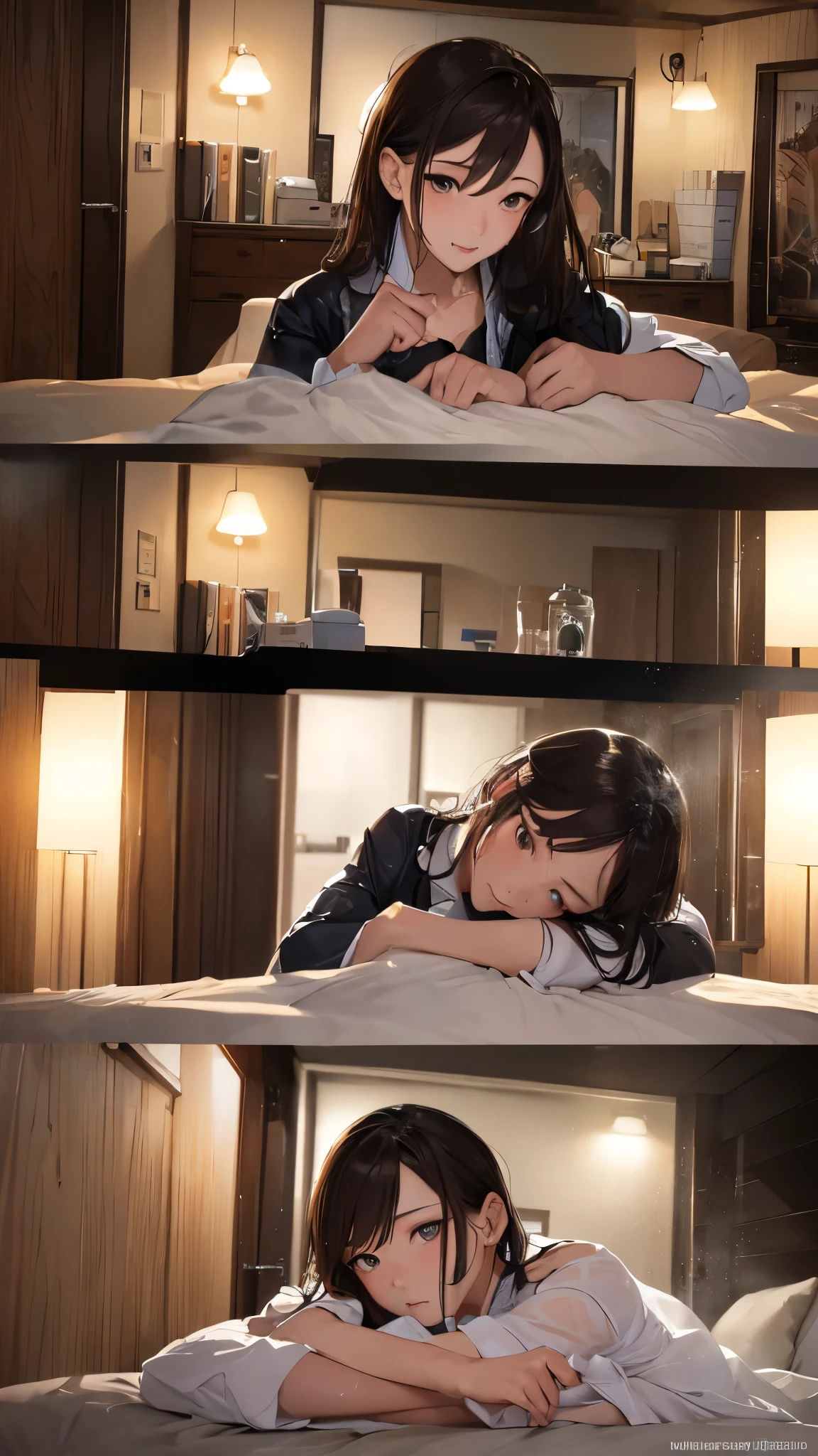 (masterpiece、high quality、high resolution、Cinematic Lighting), (Glossy oil skin:1.8, wet,steam:1.6,sweat, Dark bedroom、night:1.5, Indirect lighting only、Desaturate), (((afterwards)))