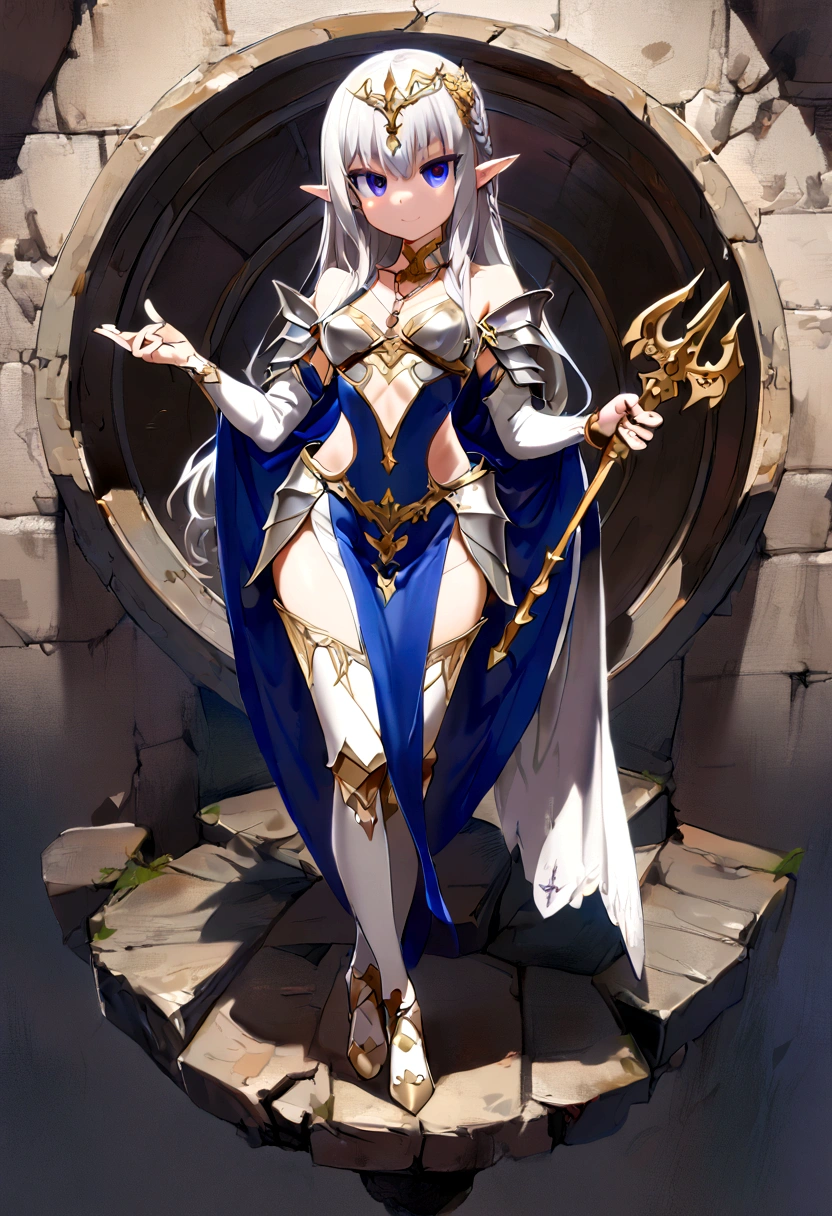 castle, medieval background, smile, Smiling, solo, 1girl, soft smile, slender figure, slim, young girl, short height, full cheeks, skinny, short height, Sexy, Beautiful composition, beatiful face, handsome body (Body Full 1.1.), Beautiful figure, in full height (Body Full 1.1.), closed mouth, Digital Art, sexypose, small-sized breasts, High Elf Knight(Body Full 1.1) elf, (Dark Blue eyes:1.5), white hair, long hair, braid on hair, silver hair, Knight, Beautiful figure, beautiful breasts, (Fullness of the body.1,1) silver hair, Hair between the eyes, hairlong, straight hair, pointed ears, long ears, side locks, bangs, Asymmetrical Clothing, elf, (Masterpiece:1.2), Best Quality, High Resolution, Unity 8k Wallpaper, (illustration:0.8), (beautiful detail eyes:1.6), extremely detailed face, perfect lighting, extremely detailed CGI, (perfect arms, perfect anatomy), epic composition, plate armor, knight armor, full armor, silver gold armor, spear in hand, hair braid on head, braid, tress, tress on head, golden spear, looking at viewer, necklace, cleavage, fullbody, full-body