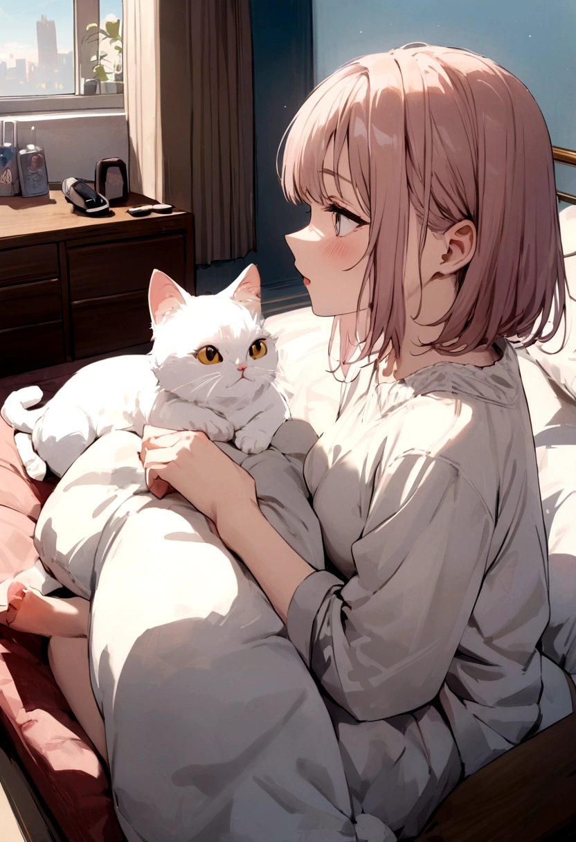 masterpiece, Better Quality, movie, Next to the cat bed Holding a cat midnight