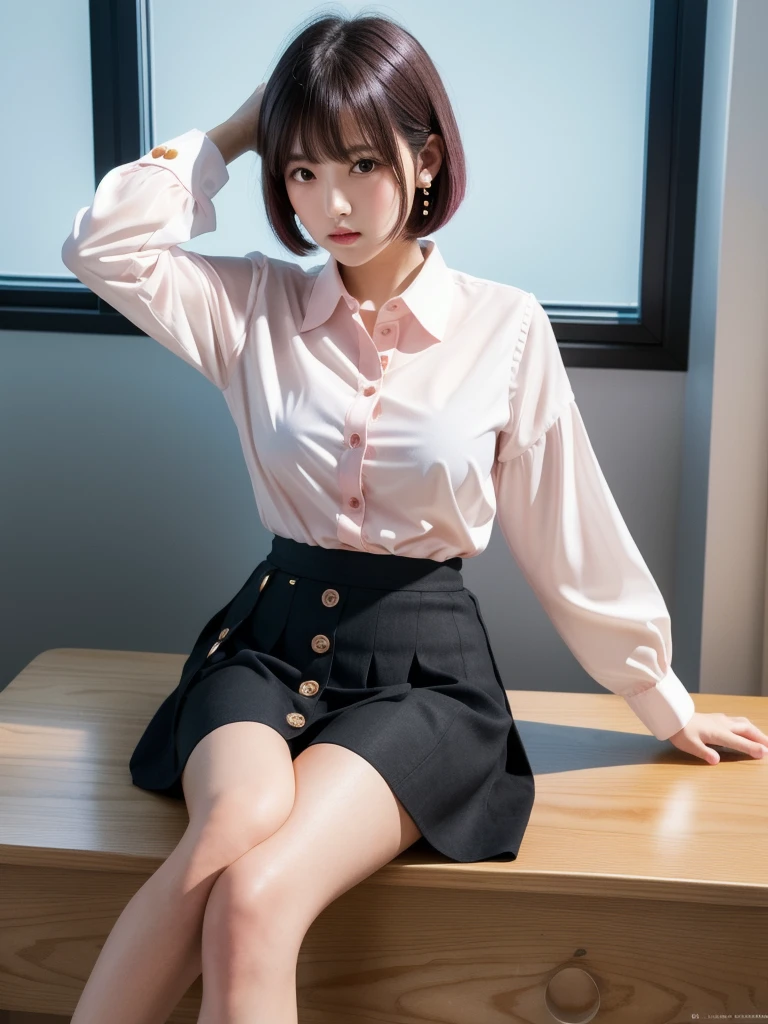 (8k, Photorealistic, Raw photo, Highest quality: 1.4),Japanese idol-style beautiful girl,1 person,17 years old,Hairstyle(Short Bob,Black :1.4),She has her hair tucked behind her ears,Large, clear grey eyes,Long eyelashes,Plump Cheeks,Thin and delicate shoulders,(bra(Pink)Wearing),thin abdomen,(She is wearing a plain white short-sleeved blouse),(All the buttons on her blouse are undone :1.8),(The hem of her blouse is out, hiding part of her skirt. :1.8),(Pleated skirt(Plaid)Wearing),Blackの靴下を履いている,School classroom,(Sitting with legs crossed on the desk :1.6),(Angle from below),Full body portrait