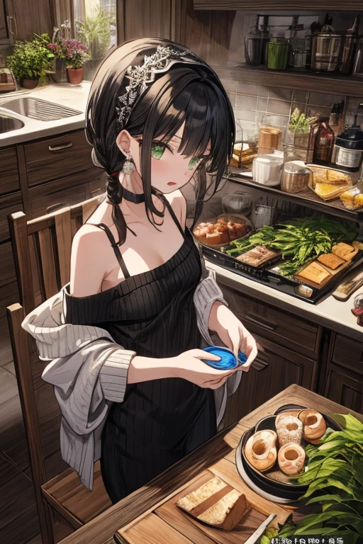 (small breasts:1.3), (perky chest:1.1), (pointed chest:1.0), (Pudding cake magazine cover:1.3),(from above:1.0),(from side:0.9),masterpiece, 1girl, Amazing Cleavage:1.1, thin waist, big ass, Raised sexy, small breast: 1.3, posed cleavage:1.2、solo, looking at viewer, open mouth, have a cute grass of cute beergrass,black hair, dark green eyes, dress, bare shoulders, jewelry, collarbone, sidelocks, hairband, earrings, indoors, off shoulder, :o, sweater, arms behind back, plant, short hair with long locks, gild hairband, off-shoulder dress, sweater dress, off-shoulder sweater, red sweater, dark gord hair, big side hair, very long side hair,is rendered in (masterpiece: 1.2, best quality), with (ultra high resolution) and an exquisite (depth of field). This masterpiece is not only visually stunning but also tells,A scene of cooking in the kitchen by classroom