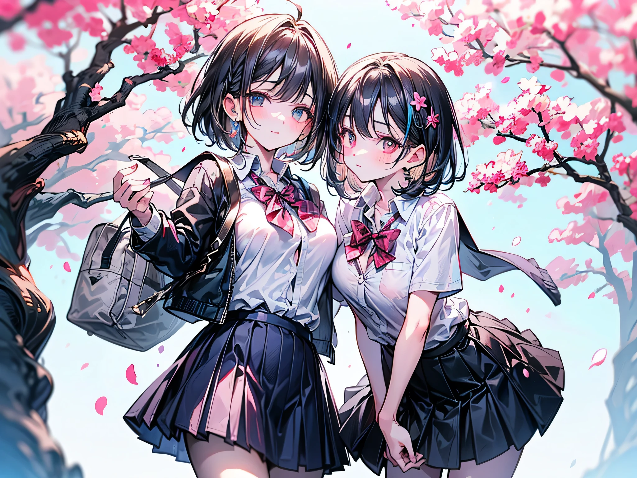 (Best quality, 8k, 32k, Masterpiece, UHD,:1.2),RAW, 2girls,ultra cute , natural lighting,transparent shining eyes, 20yo,medium breast ,fair complexion ,flushed face,dynamic Lighting,Under the cherry blossoms,ateenage girl looks up atthe tree with aserene expression, her eyes reflecting the joy of past days and the sadness oftimes that will never return.The scene is set during the peak o fcherry blossom season, with petals gently falling around her, symbolizing the fleeting nature of time and memories,((school uniform)), short and medium hair, Cleavage, Side braid