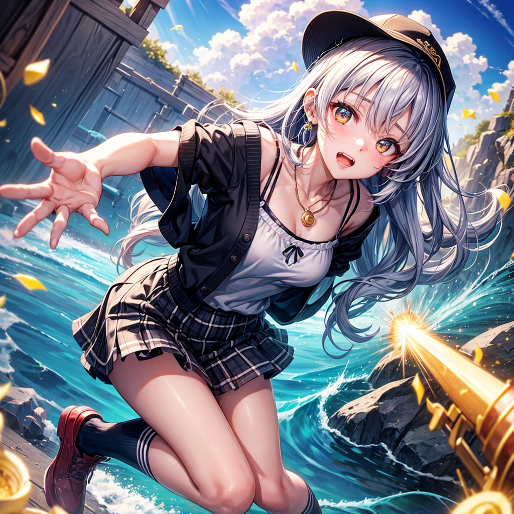 Red Blue Gold Hair、Golden Eyes、Braid、One good looking girl、solo、anime、Checkered mini skirt、Ruffles on the skirt、camisole、cardigan、Black knee-high socks、Wearing a baseball cap、Wearing a ribbon、Ribbon on waist、Tilting face、Teeth are visible、Sunset sky、Piercing the clouds、Contrail、Cumulonimbus、Pillar of Light、Silver coin necklace、A world of light、shine、From above、bell、torii、Desert Oasis、water is gushing out、Sparks are flying、Water Column
